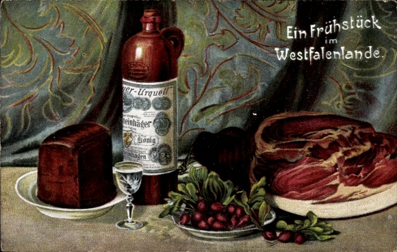 Postcard Breakfast in Westphalia, ham, schnapps, radishes