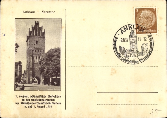 Briefkaart Anklam in Mecklenburg Vorpommern, 2e Vorpom. filat. Reclameshow 1937
