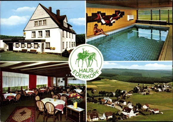 Ak Benfe Erndtebrück Noordrijn-Westfalen, Haus Ederkopf, buitenaanzicht, zwembad, eetkamer