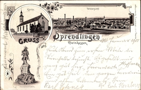 Litho Sprendlingen in Rheinhessen, kerk, oorlogsmonument, totaalaanzicht van het dorp