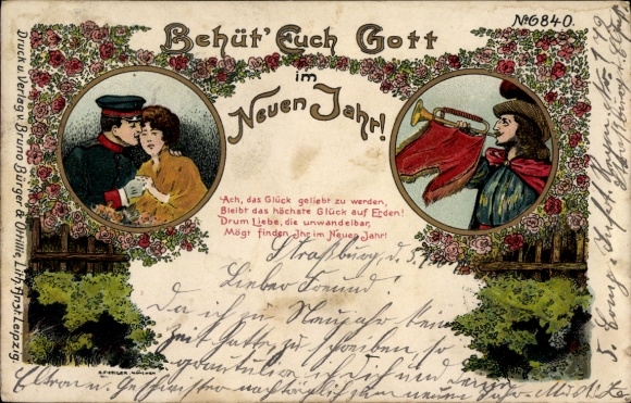 Chromo-Litho God bless you, Happy New Year, Trumpeter of Säckingen
