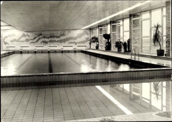 Postcard Reichenbach Haselbachtal Saxony, swimming pool, large windows, water surface, plants, ...