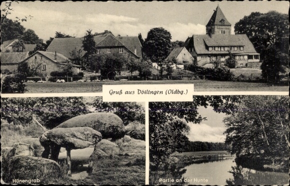Postcard Dötlingen in Oldenburg, megalithic grave, on the Hunte, partial view