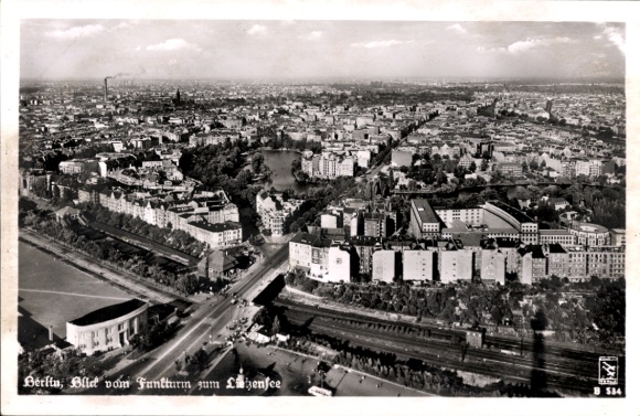 Ak Berlin Charlottenburg, Blick vom Funkturm zum Lietzensee