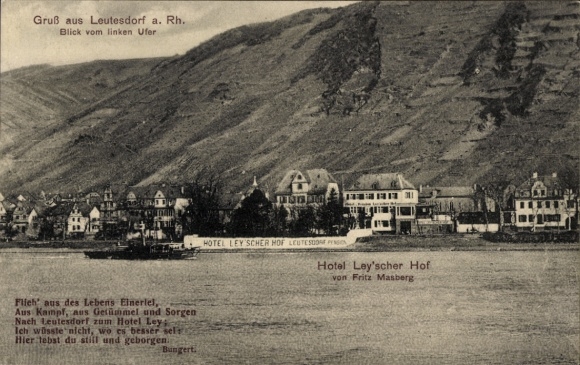 Postcard Leutesdorf am Mittelrhein, Hotel Leyscher Hof, Spruch, view from the left bank