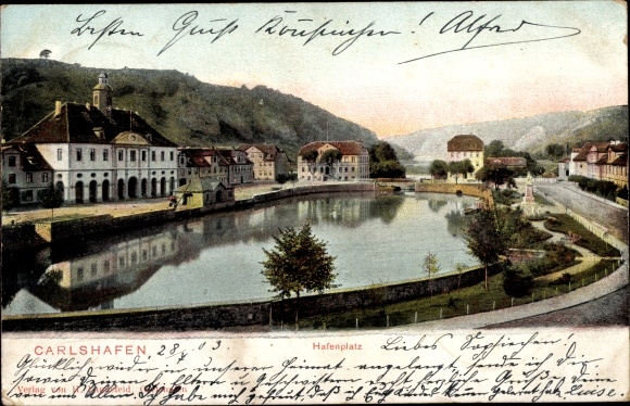 Postcard Bad Karlshafen on the Weser, harbor square, town hall