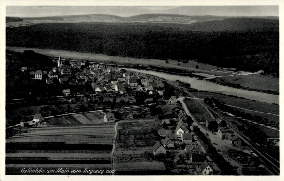 Postcard Hafenlohr am Main Lower Franconia, aerial view of Hafenlohr, village view, Main river, old archi