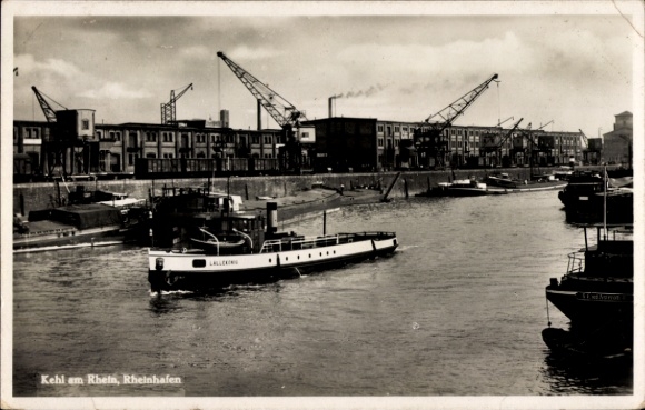 Postcard Kehl am Rhein, Rhine harbour, steamer