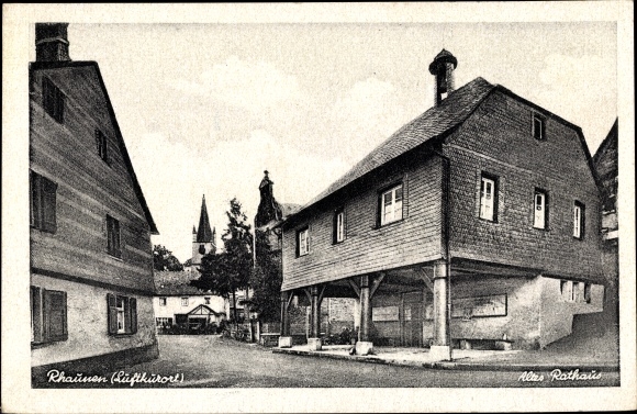 Postcard Rhaunen im Hunsrück, old town hall, street section in town