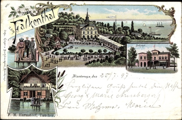 Chromo-Litho Hamburg Altona Blankenese Falkenthal, train station, divers FM Harmstorf, inn
