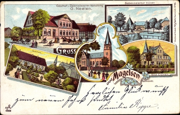 Chromo-Litho Magelsen Hilgermissen in Lower Saxony, Gasthof G. Neelen, Siebenmeierhof Clüver, church