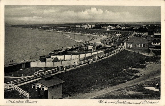 Ak Nordseebad Büsum, Noordzeebadplaats, uitzicht vanaf de vuurtoren, strandpromenade, veel mensen