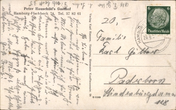 Postcard Hamburg Harburg Neugraben Fischbek, guesthouse of P. Hauschild, entrance to...