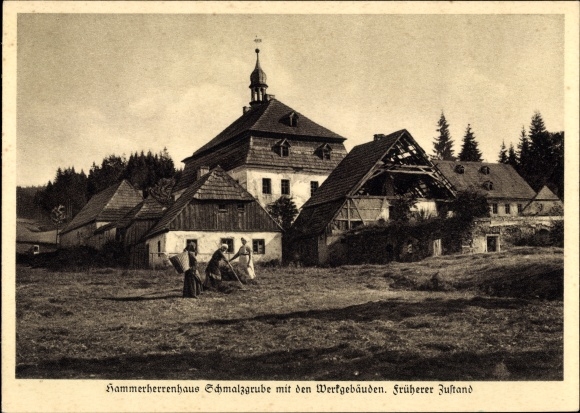 Ak Schmalzgrube Jöhstadt in het Ertsgebergte van Saksen, zicht op het Hammerherrenhaus met de fabrieksgebouwen