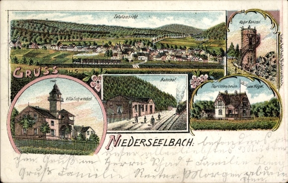 Litho Niederseelbach Niedernhausen im Taunus, Bahnhof, Villa Schwoebel, Touristenheim, Hohe Kanzel