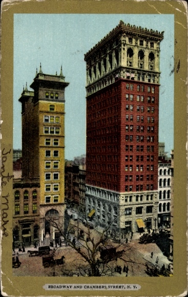 Ak Manhattan New York City USA, foto van de straathoek Broadway en Chambers Street, wolkenkrabber,