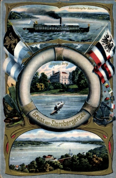 Embossed Passepartout Postcard Berg am Starnberger See Upper Bavaria, Berg Castle, Steamer Bavaria, Panorama
