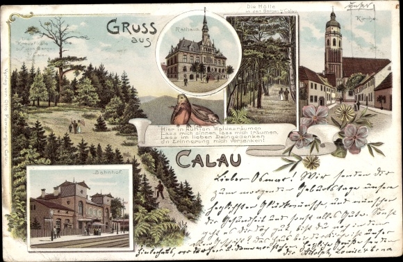 litho Calau in Brandenburg, stadhuis, treinstation, kerk, bos