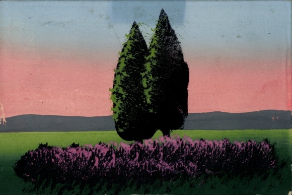 Hand-painted Postcard landscape, trees