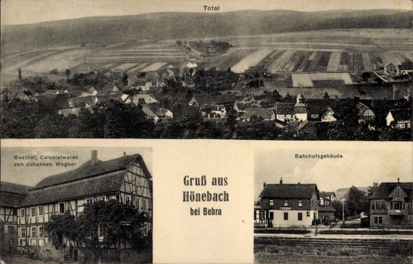 Postcard Hönebach Wildeck in Hessen, general view, station building, inn and shop Johannes Wagner