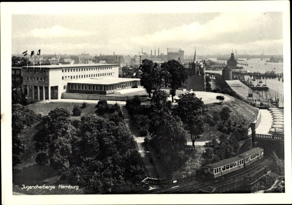 Postcard Hamburg Mitte St. Pauli, youth hostel Auf dem Stintfang, S-Bahn, harbor