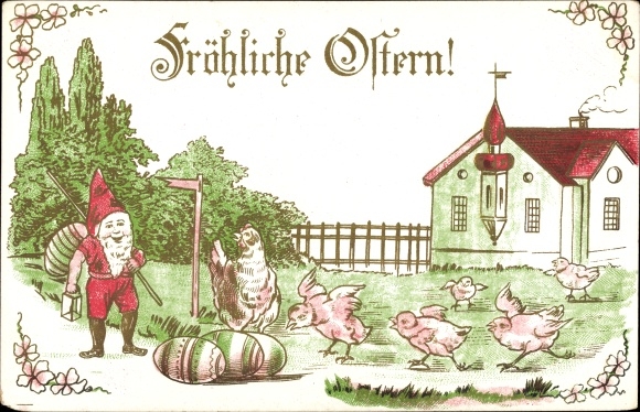 Präge Ak Glückwunsch Ostern, Zwerg am Wegesrand, Ostereier, Huhn mit Küken