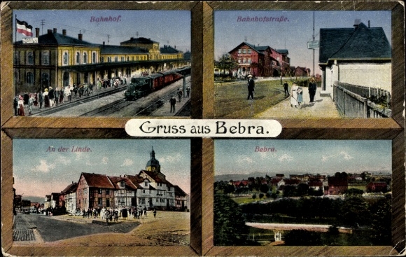 Postcard Bebra an der Fulda Hessen, train station, Bahnhofstraße, An der Linde, general view