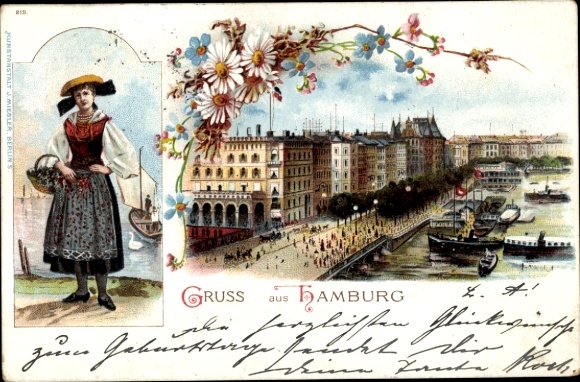 Chromo-Litho Hamburg Mitte Old Town, Vierländer traditional costume, Alster party