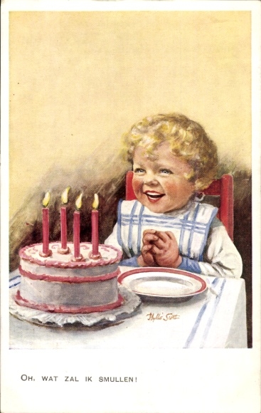 Artist Postcard Happy Birthday, Laughing Child, Birthday Cake