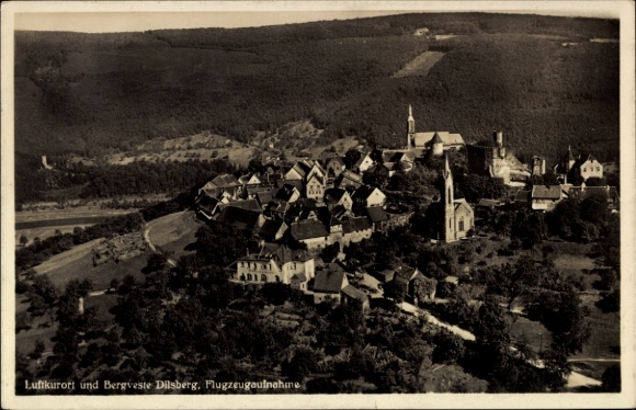 Ak Dilsberg Neckargemünd am Neckar, Luftaufnahme  Bergveste, Häuser, Kirche, Landschaft