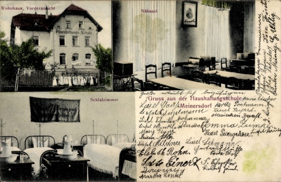 Ak Meinersdorf Burkhardtsdorf im Erzgebirge, Haushaltungsschule, Wohnhaus, Nähsaal, Schlafzimmer