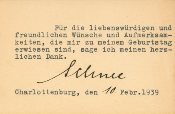 Postcard signature of Heinrich Schnee, last governor of German East Africa, Charlottenburg 1939