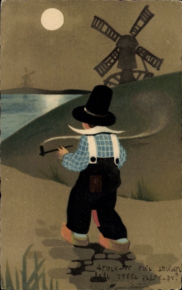 Mondschein Ak Junge in Tracht, Pfeife, Windmühle
