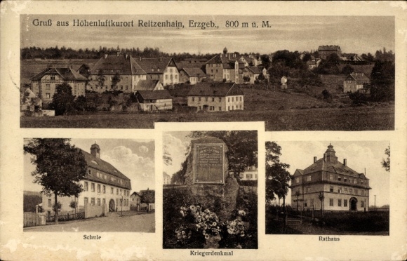 Ak Reitzenhain Marienberg in het Erzgebirge, algemeen beeld, school, stadhuis, oorlogsmonument