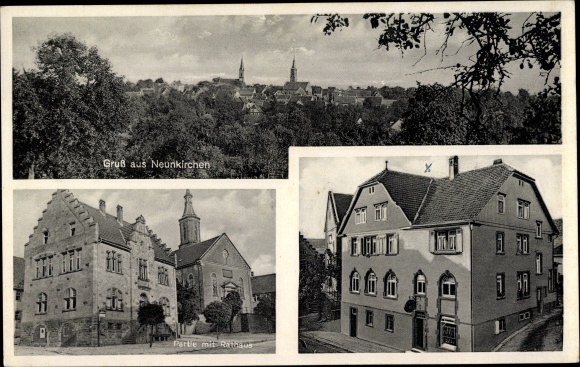 Postcard Neunkirchen in Baden, town hall, inn and pension to the eagle