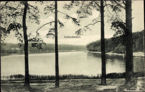 Postcard Berlin Zehlendorf, Schlachtensee, lake view, trees, calm water surface, landscape, mon...