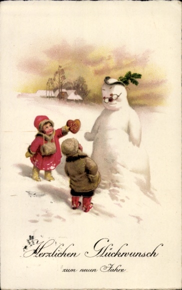 Ak Gelukkig nieuwjaar, sneeuwpop, kinderen met peperkoekenhart