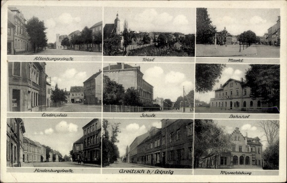 Ak Groitzsch in Sachsen, Altenburgerstraße, Stal, Markt, Lindenplate, Schule, Bahnhof, Hindenburg