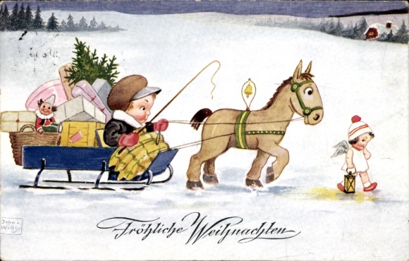 Artist Postcard Wills, John, Merry Christmas, sleigh, gifts, Christmas tree, angel