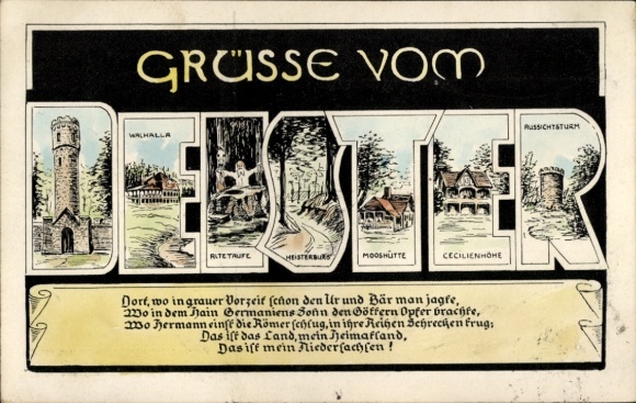 Letters Postcard Deister, Bad Nenndorf, Waldrestaurant Mooshütte, Cecilienhöhe, observation tower, Walhalla
