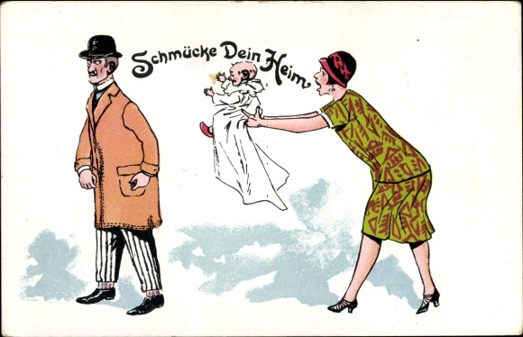Postcard Decorate your home, woman holds baby out to man