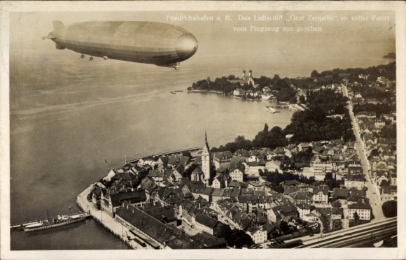 Postcard Friedrichshafen on Lake Constance, airship Graf Zeppelin, aerial photograph