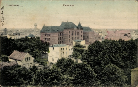 Ak Elmshorn in Holstein, panoramisch uitzicht op een gymzaal, veel bomen, woongebouwen