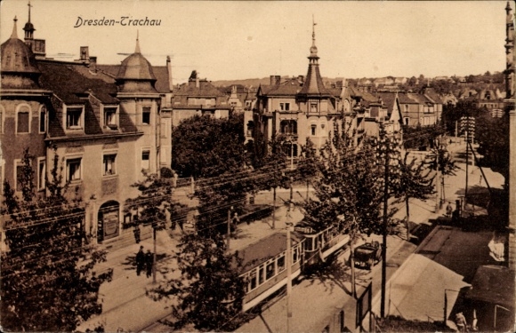 Postcard Dresden Trachau, street section, tram