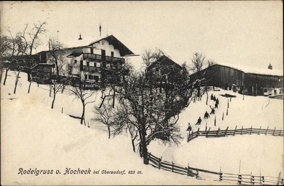 Postcard Hocheck Oberaudorf in the Rosenheim district of Upper Bavaria, winter view of the town, toboggan run