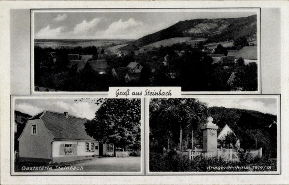 Ak Steinbach Moritzburg in Sachsen, Gaststätte  Landschaftsbild, Kriegerdenkmal 1914/18, Gruß aus