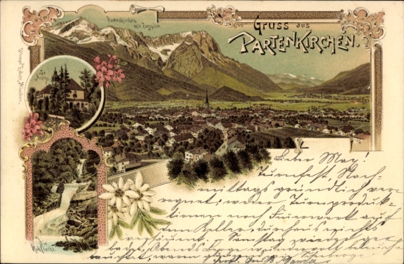 Chromo-Litho Garmisch Partenkirchen in Upper Bavaria, general view, waterfall