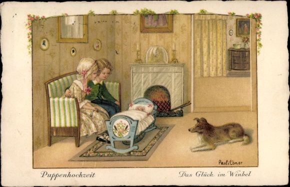 Kunstenaarskaart Ebner, Pauli, poppenhuwelijk, geluk in de hoek, collie