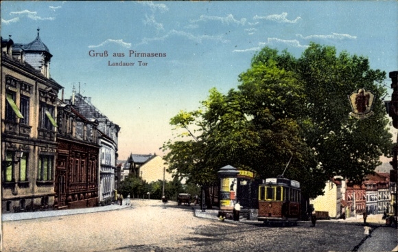 Ansichtkaart Pirmasens am Pfälzerwald, Landauer Tor, tram