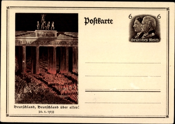 Ganzsachen Ak Berlin, Deutschland über alles, Aufmarsch 30. Januar 1933, Brandenburger Tor